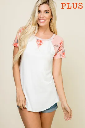 Plus size partially floral printed solid short-sleeve contrast top