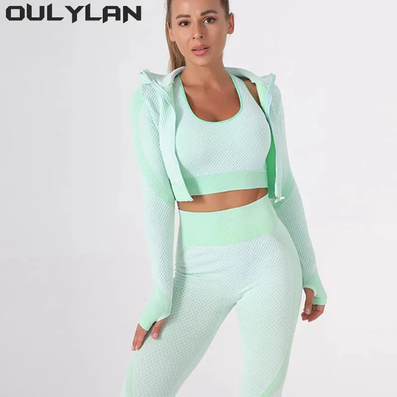 3PCS Seamless Women Yoga Set | Long Sleeve Crop Top and High Waist Leggings | Gym Clothing Fitness Sports Suits