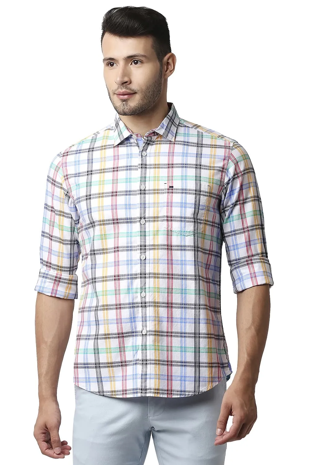 Basics Slim Fit Herring Bone Twill Checks Shirt