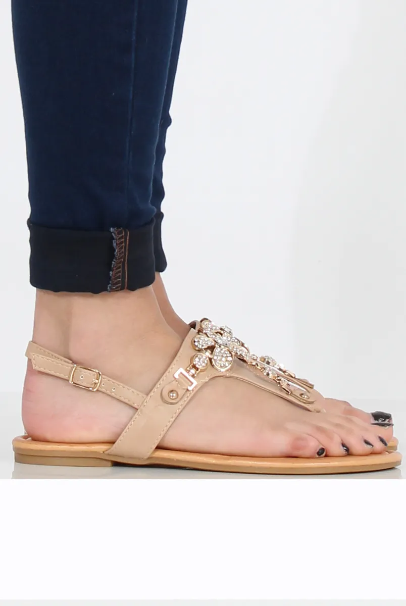 Beige Flower Diamante Sandals - Ailish