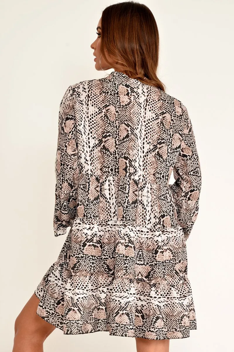 Beige Snake Print Plunge Flute Sleeve Shift Dress - Olesya