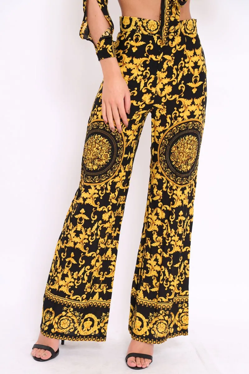 Black and Gold Print High Waist Flare Trousers -Tisha