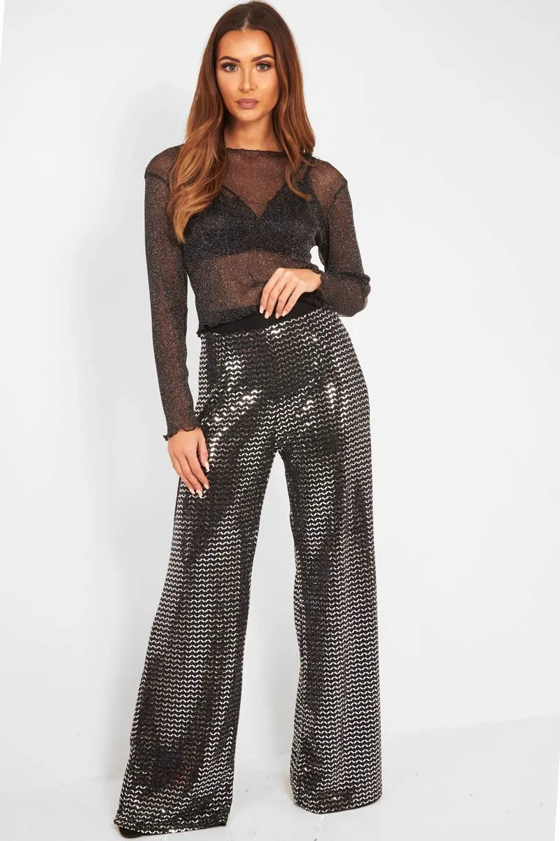 Black Glitter Wide Leg Trousers - Kimberlie