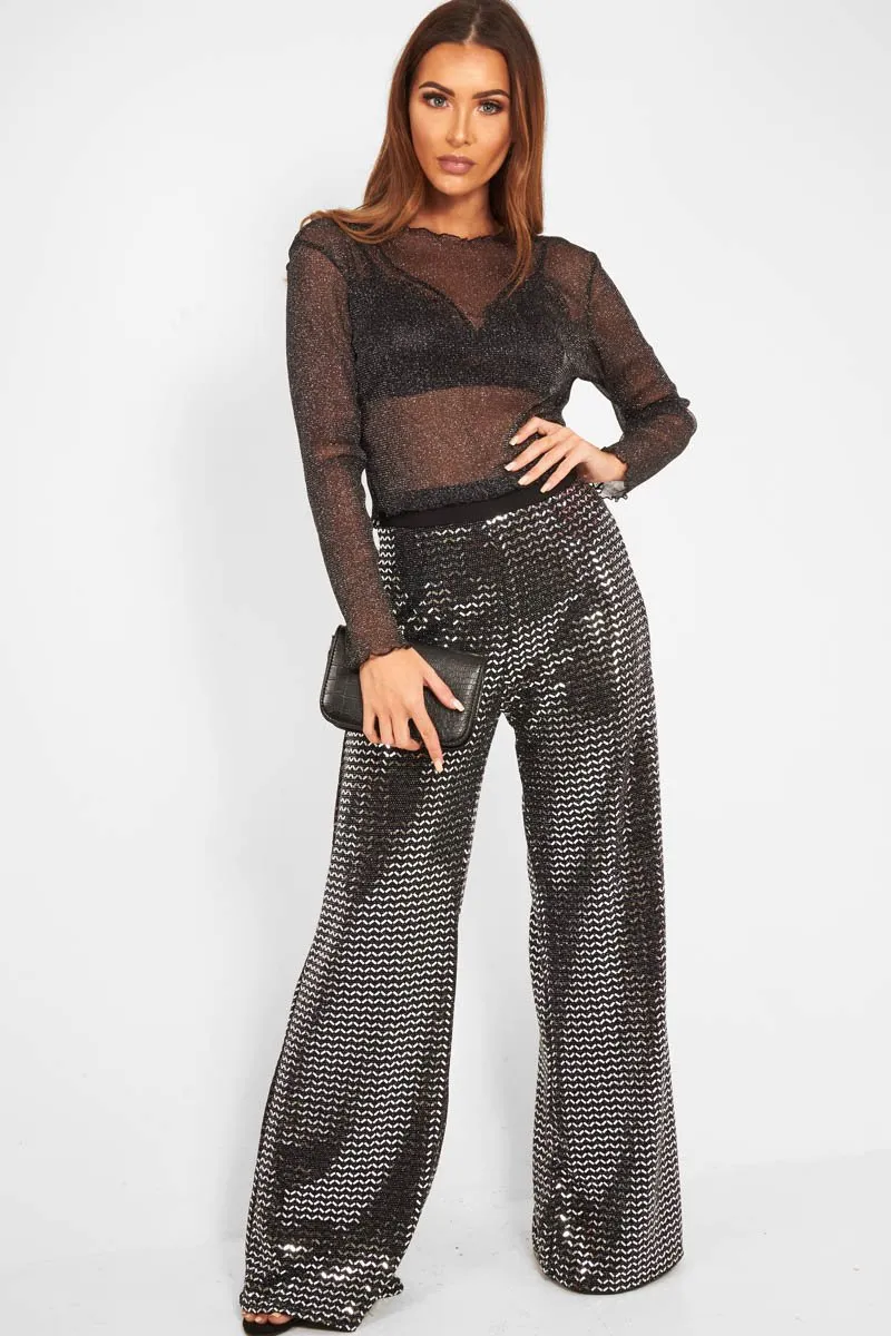 Black Glitter Wide Leg Trousers - Kimberlie