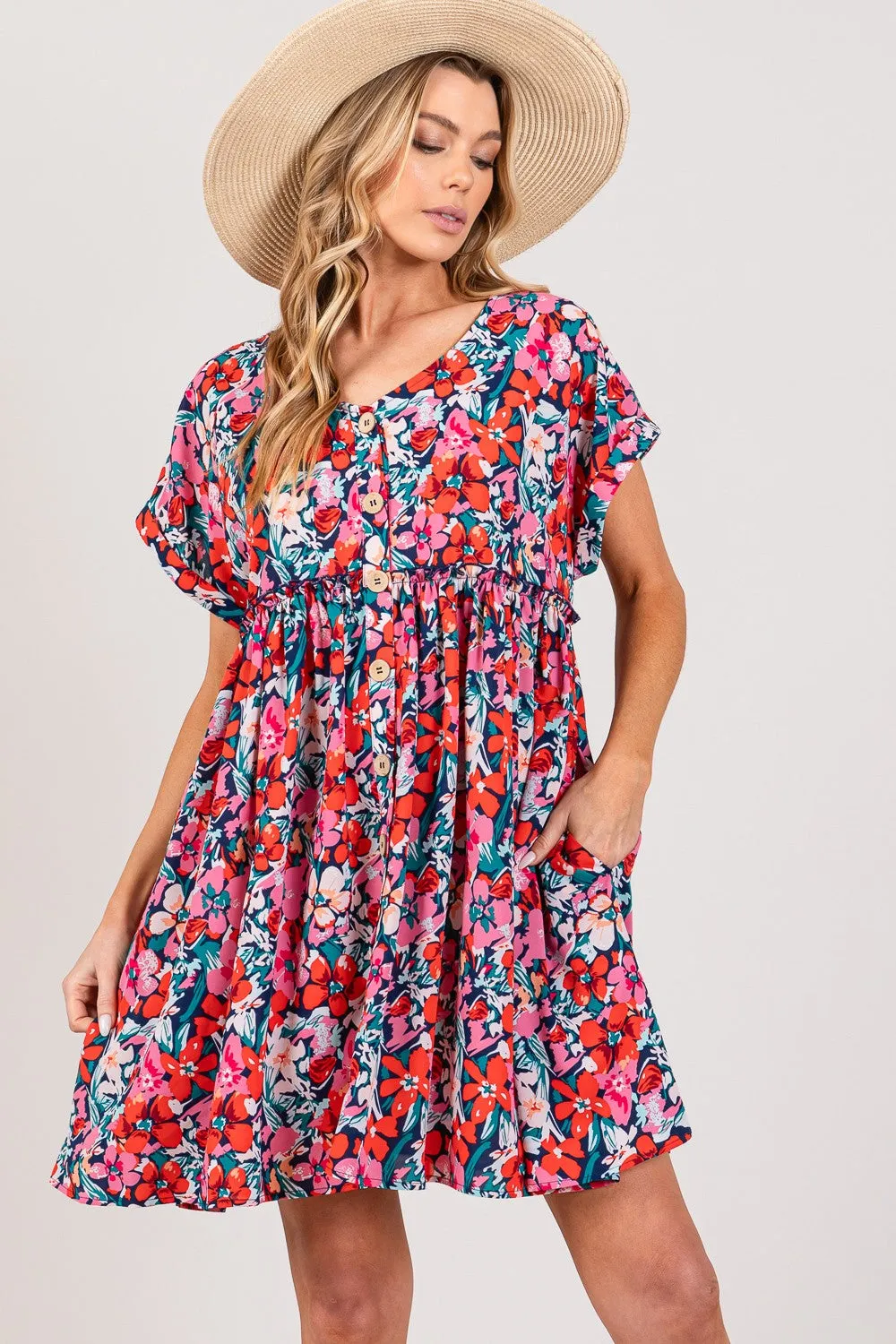 Floral Button Down Short Sleeve Mini Dress