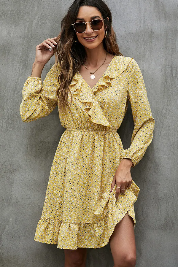 Floral Print Ruffled Trendy Round Neck Casual Dress