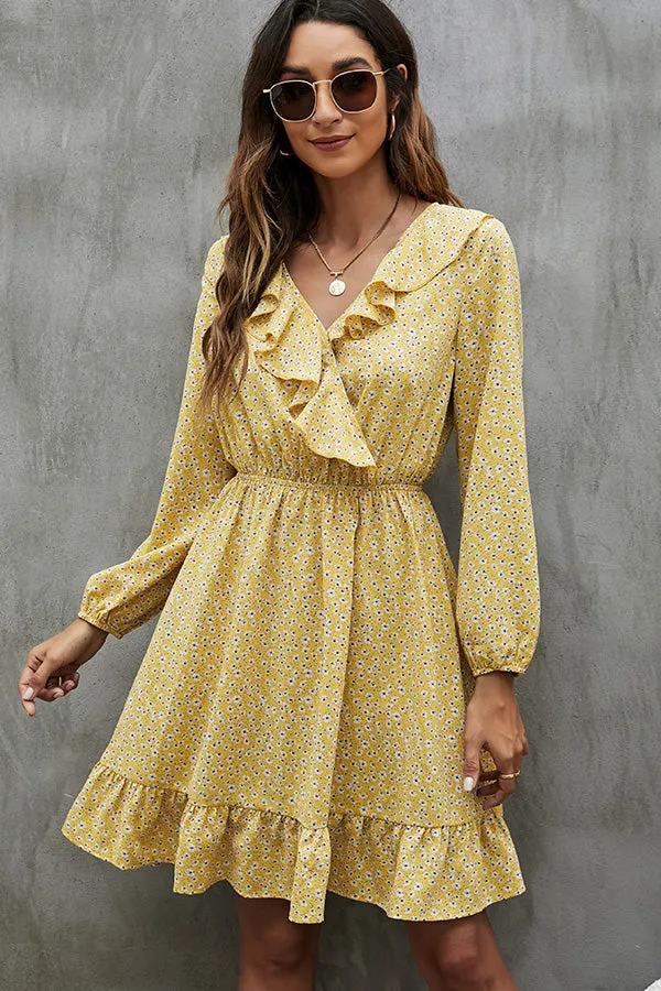 Floral Print Ruffled Trendy Round Neck Casual Dress