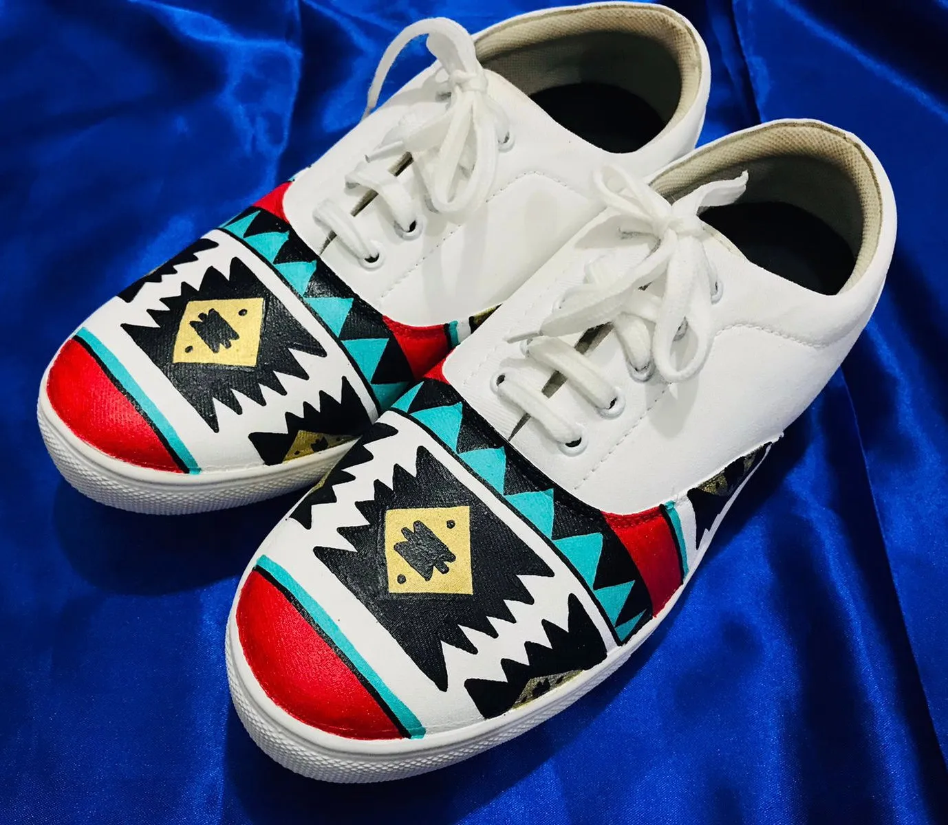 Funky N Trendy hand painted water resistant AZTEC  theme WHITE shoes