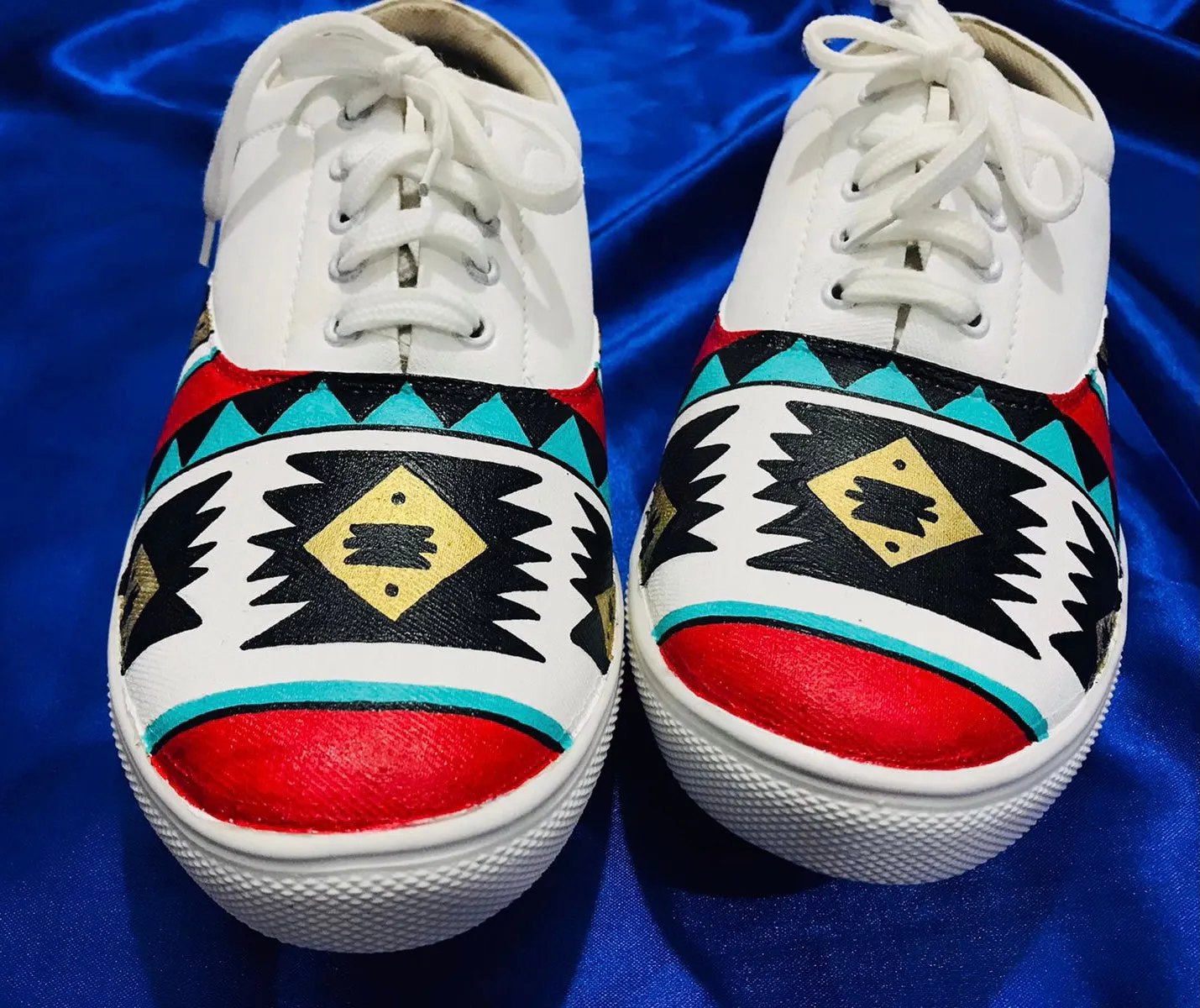 Funky N Trendy hand painted water resistant AZTEC  theme WHITE shoes