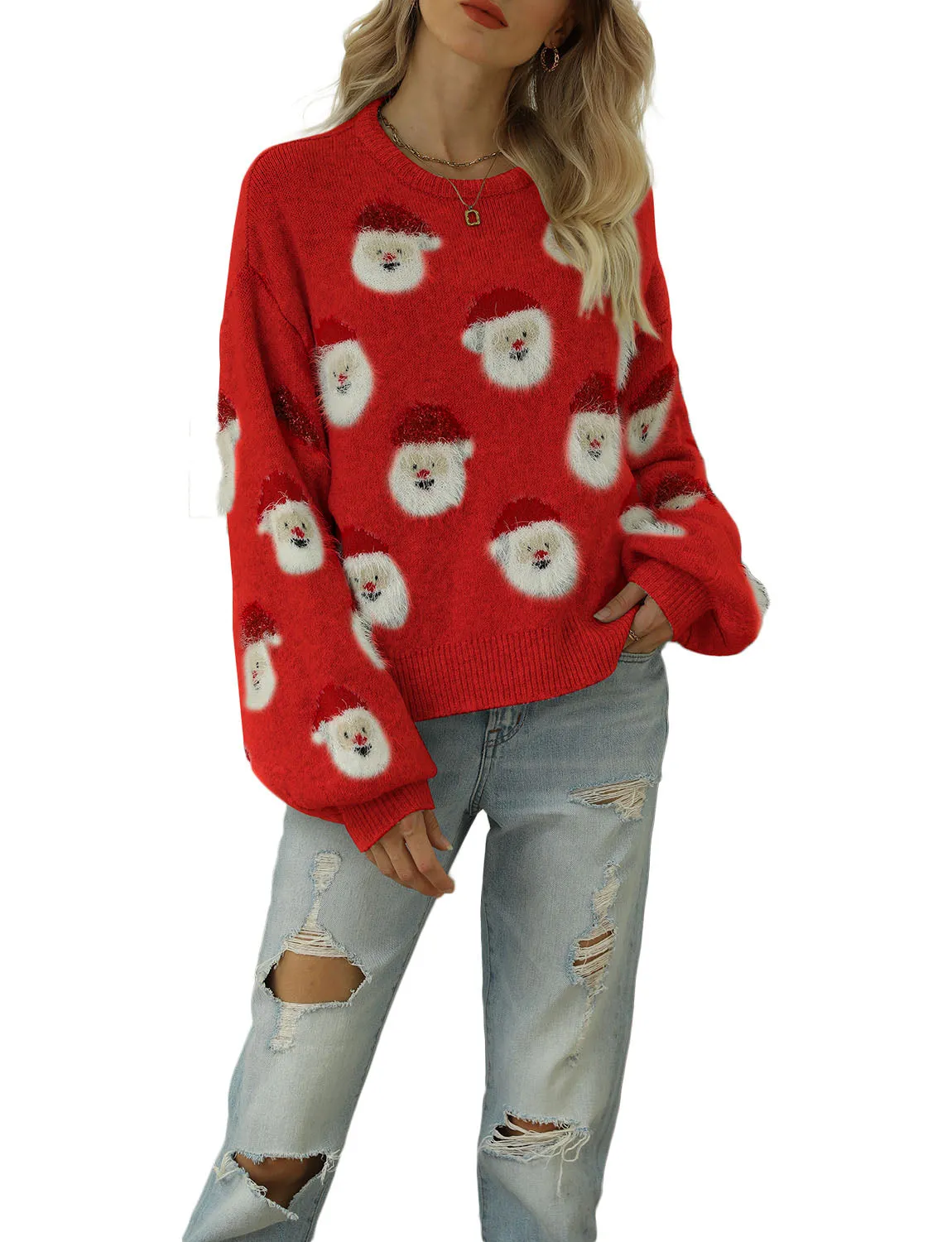 iB-iP Women's Casual Christmas Top Santa Claus Long Sleeve Pullover Sweater