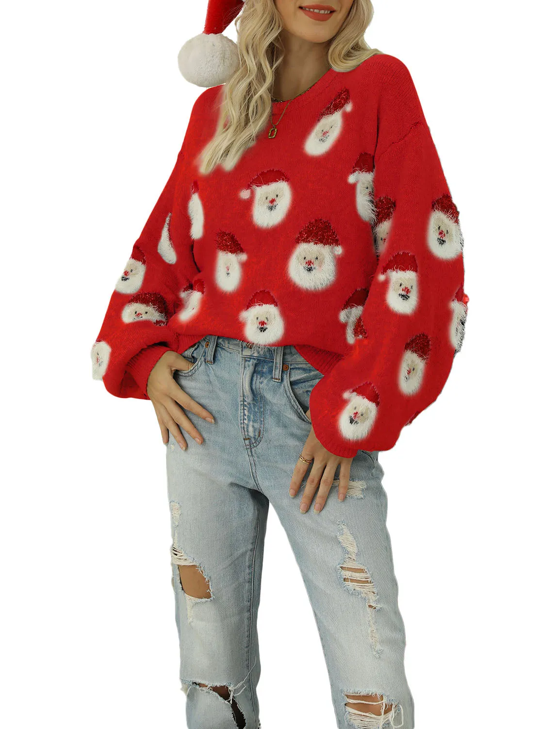 iB-iP Women's Casual Christmas Top Santa Claus Long Sleeve Pullover Sweater