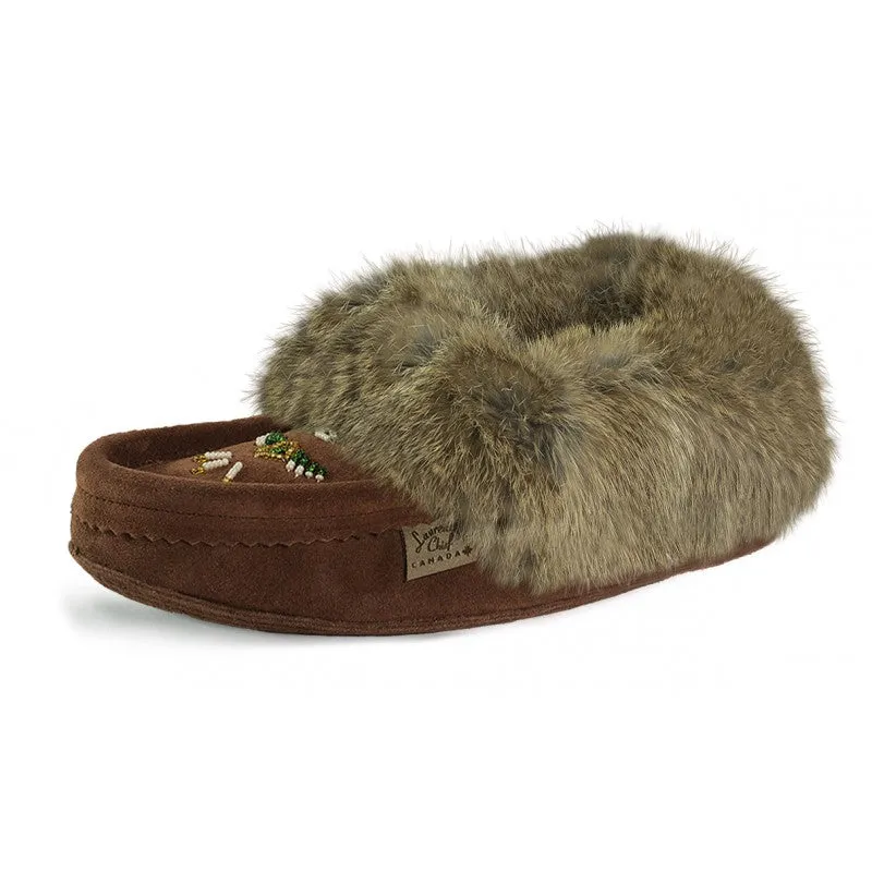 Ladies Rabbit Trimmed Leather Beaded Moccasins