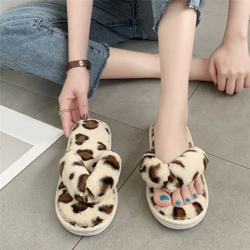 Leopard Faux-Fur Thong Slippers for Woman