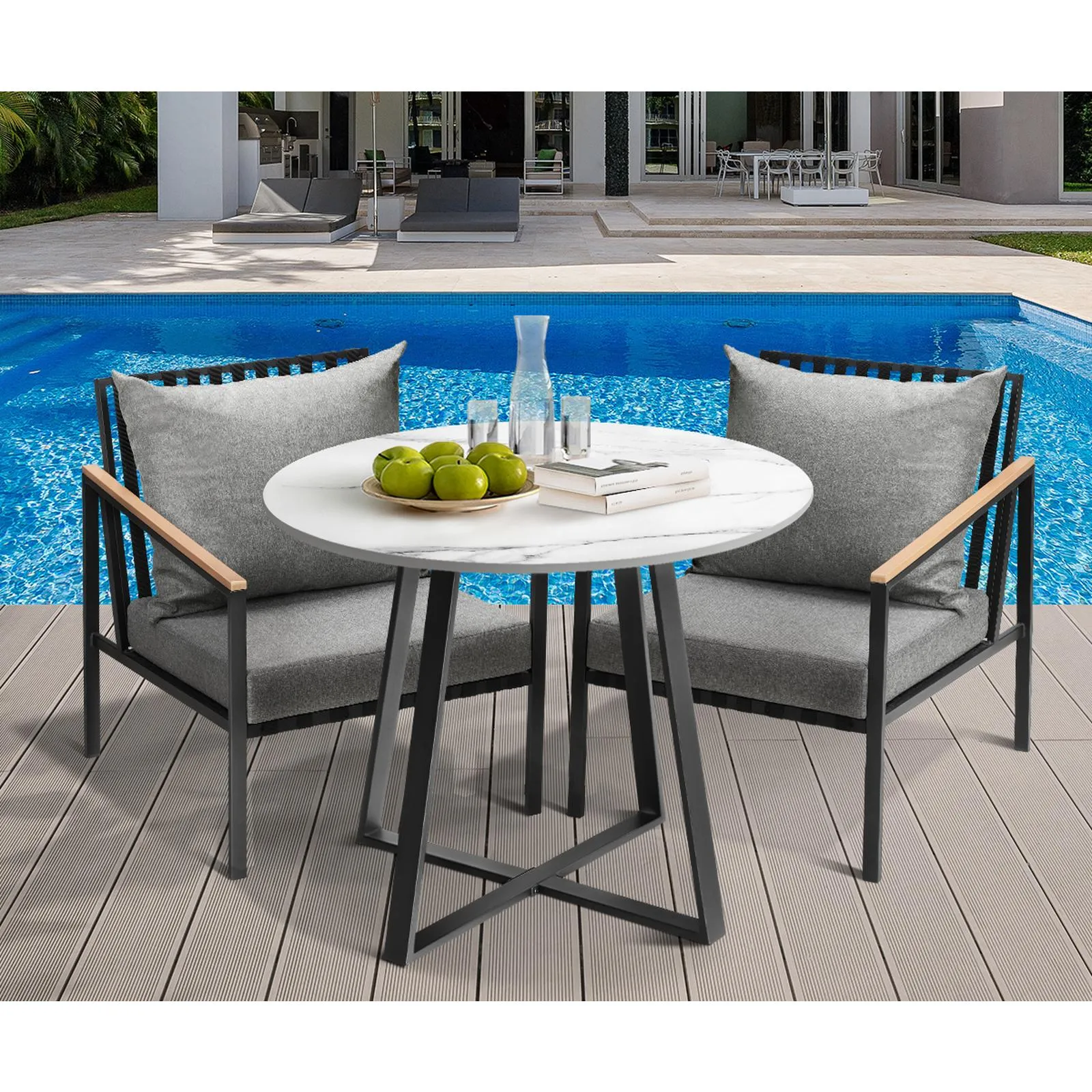 Livsip 3PCS Outdoor Dining Setting Table Sofa Chairs Patio Furniture Bistro Set