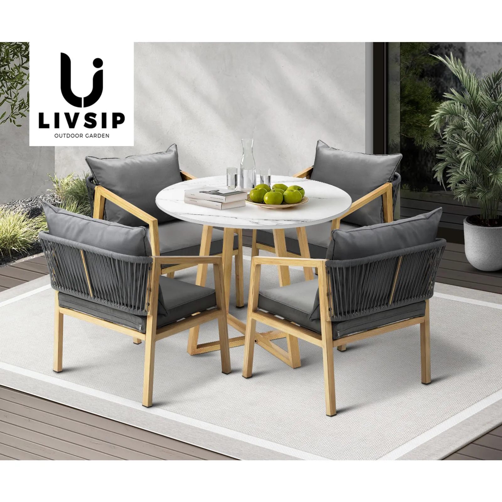 Livsip 5PCS Outdoor Dining Setting 90cm Table Lounge Chairs Patio Furniture Set