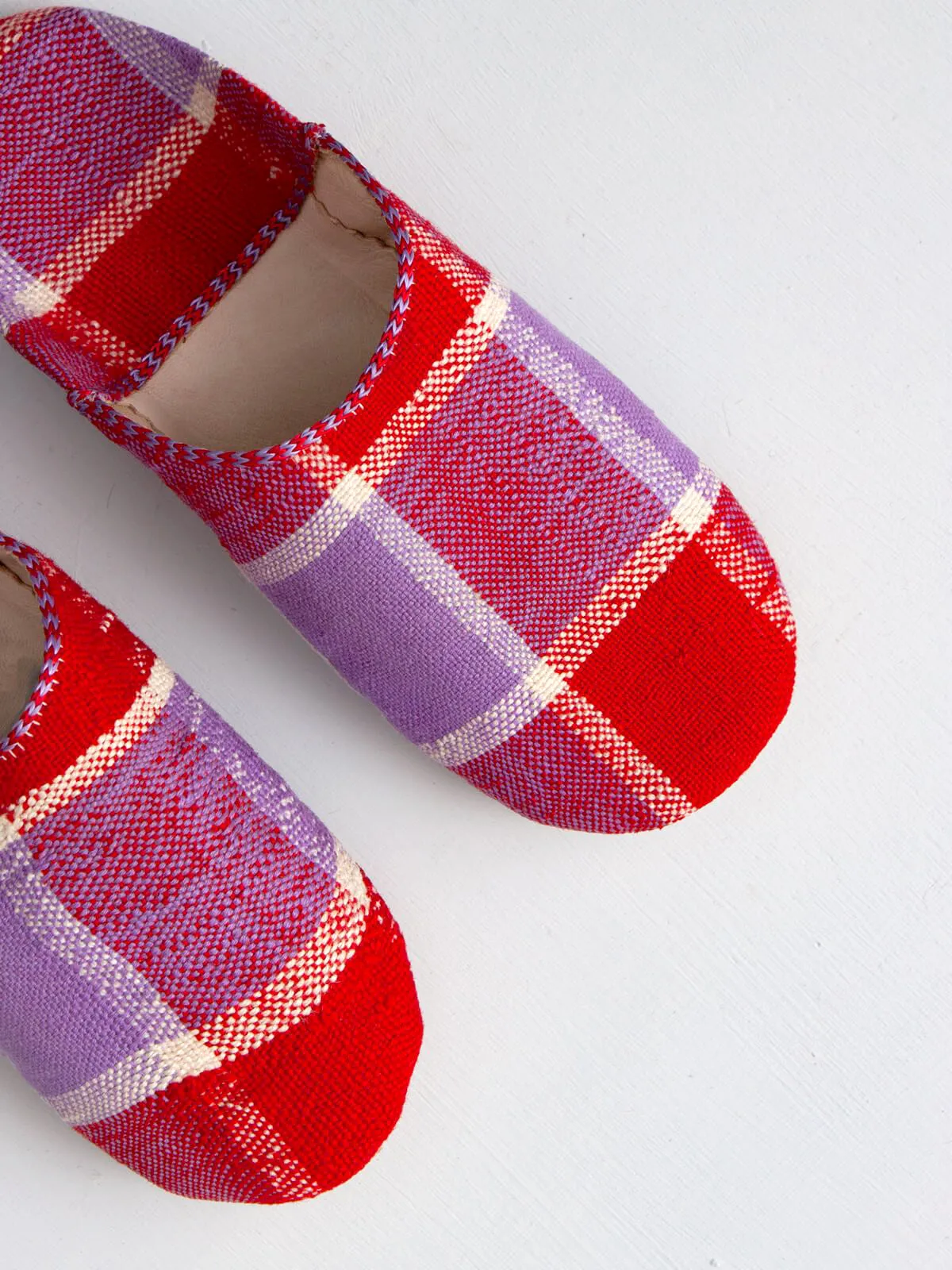 Moroccan Boujad Basic Babouche Slippers, Red and Lilac Check