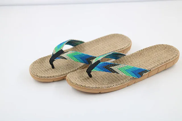 New Summer Men Linen Flip Flop Striped Ribbon Sandals Flat EVA Non-Slip Linen Slides Home Slipper Man Casual Straw Beach Shoes