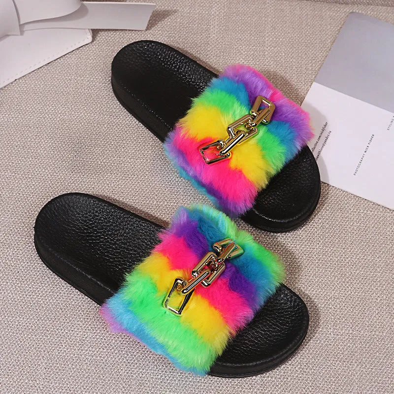 Rainbow Plush Slippers for Women