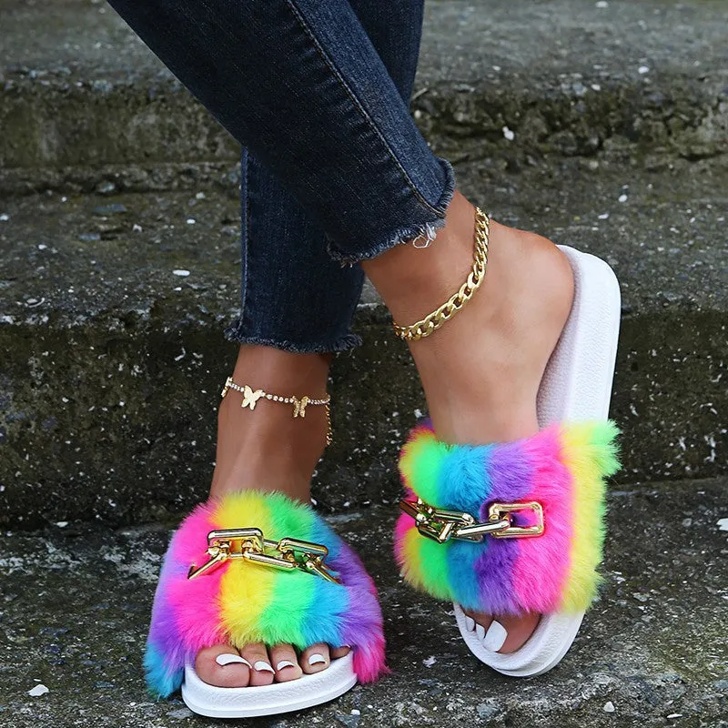 Rainbow Plush Slippers for Women