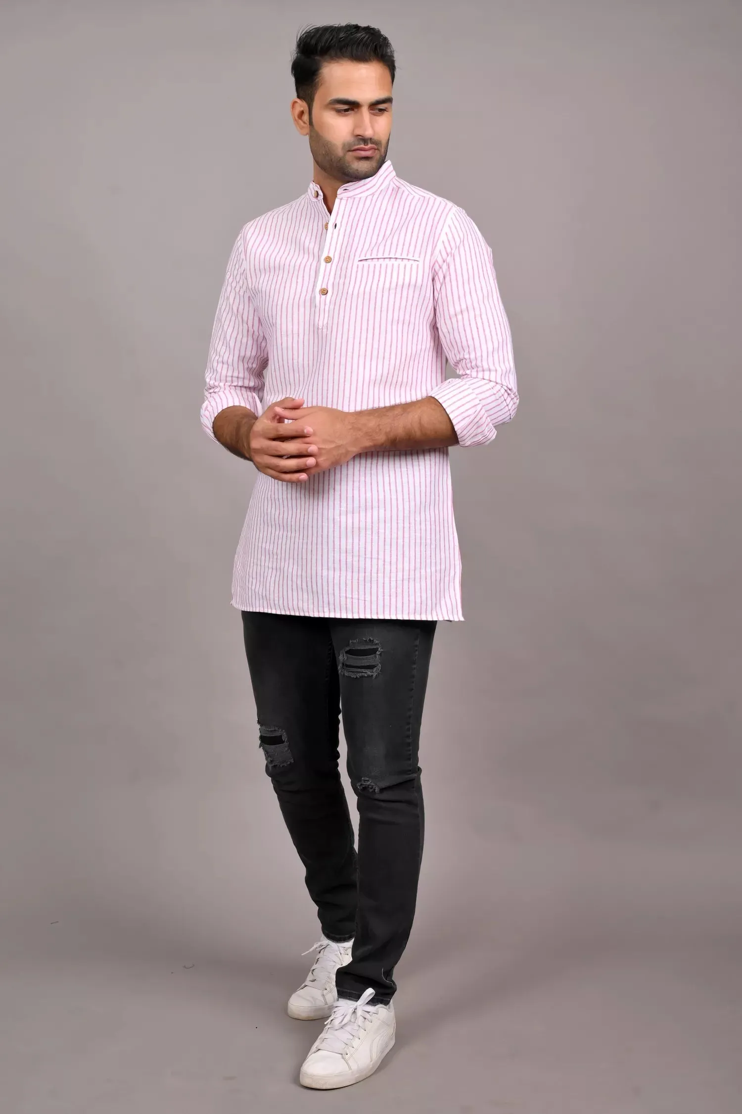 Red And White Striped Short Kurta