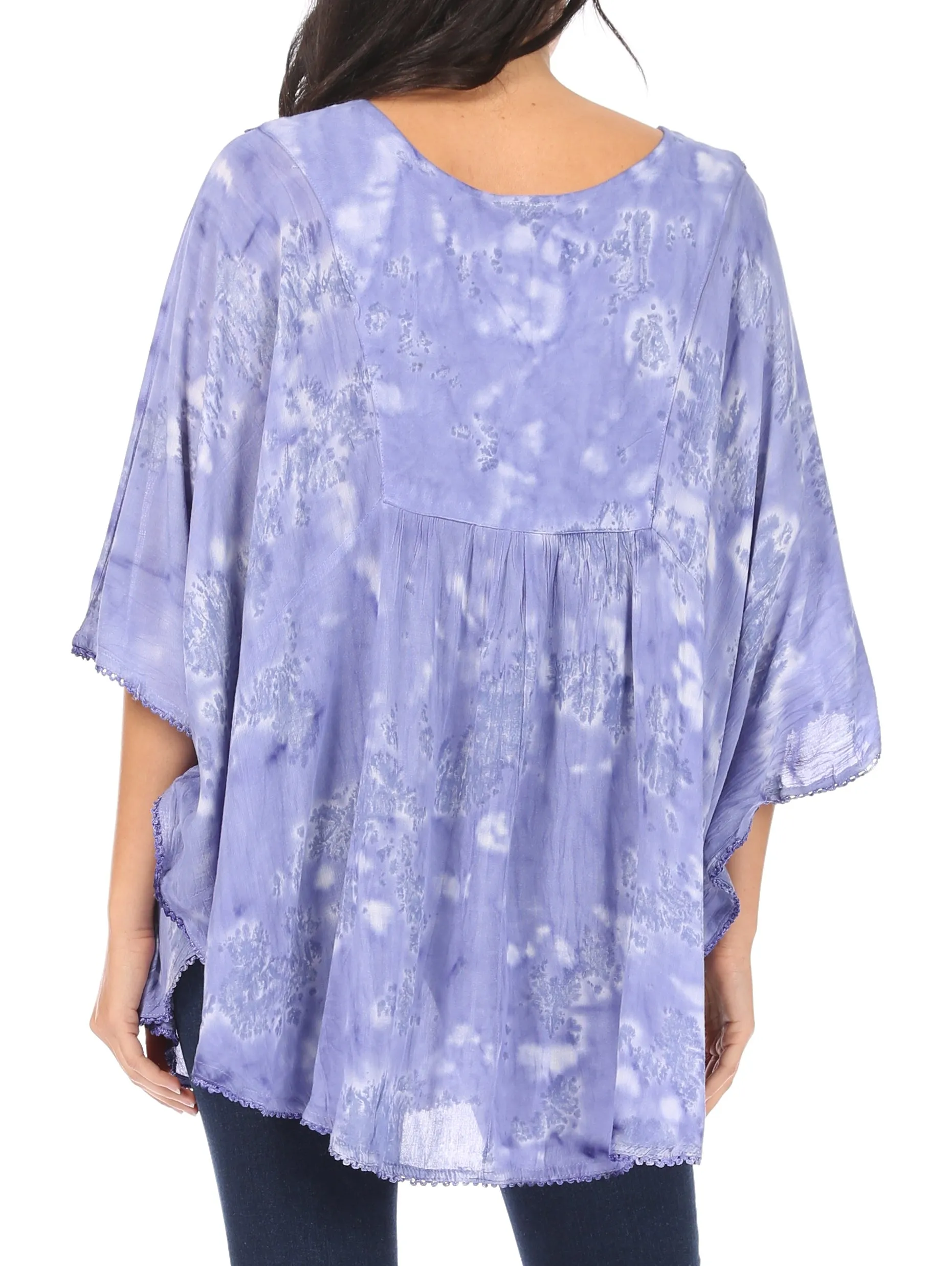 Sakkas Cleeo Long Wide Tie Dye Lace Embroidered Sequin Poncho Blouse Top Cover Up