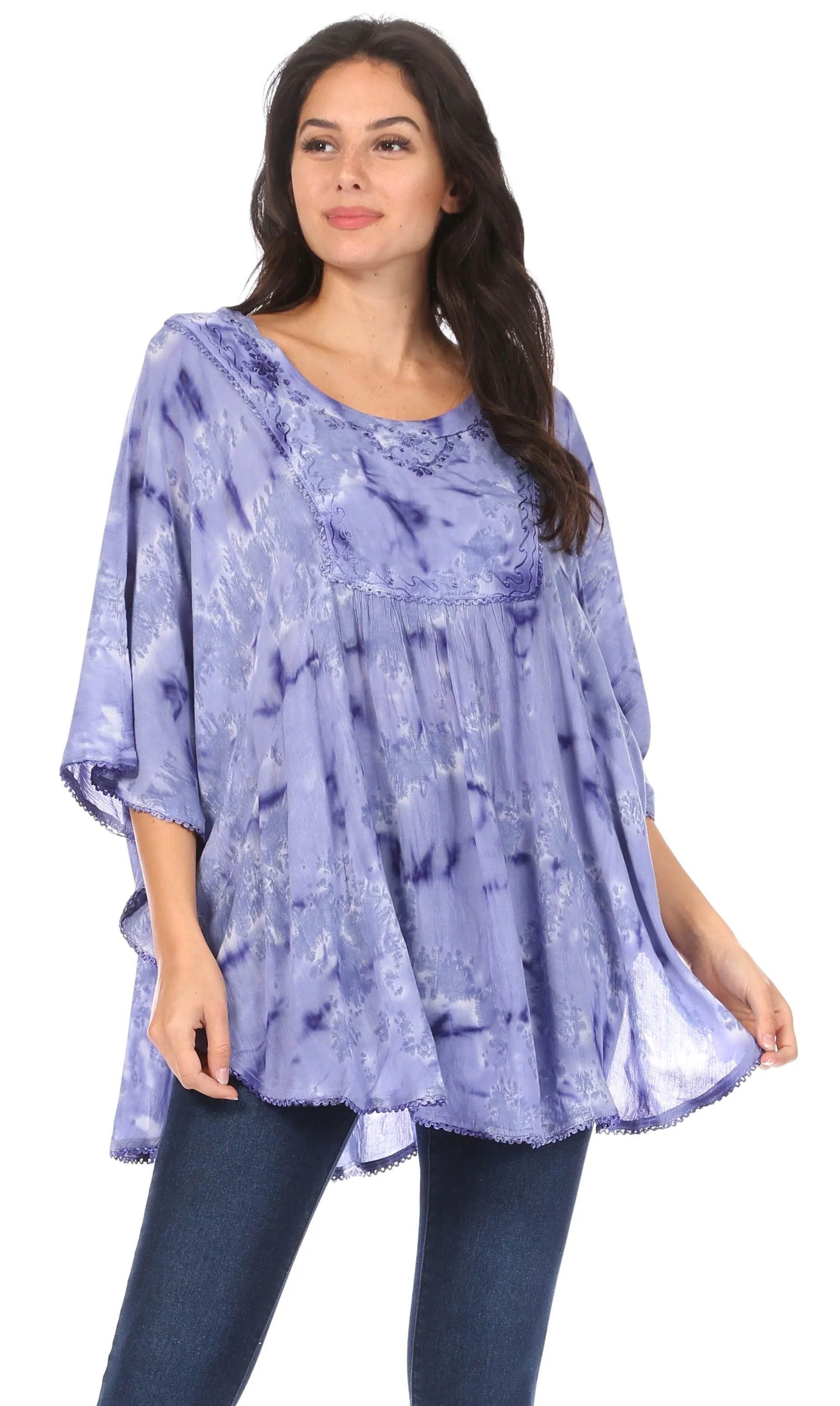 Sakkas Cleeo Long Wide Tie Dye Lace Embroidered Sequin Poncho Blouse Top Cover Up