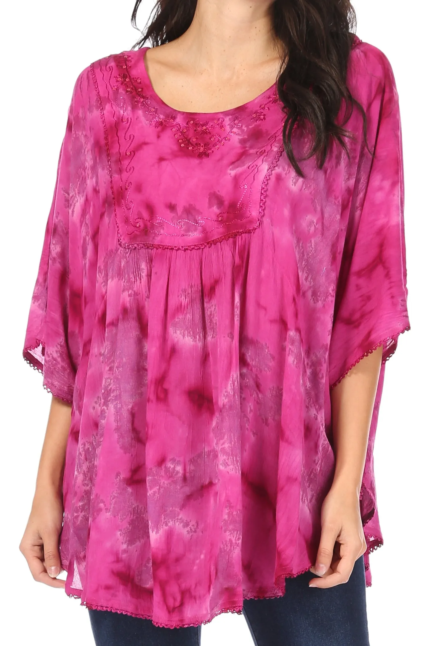 Sakkas Cleeo Long Wide Tie Dye Lace Embroidered Sequin Poncho Blouse Top Cover Up