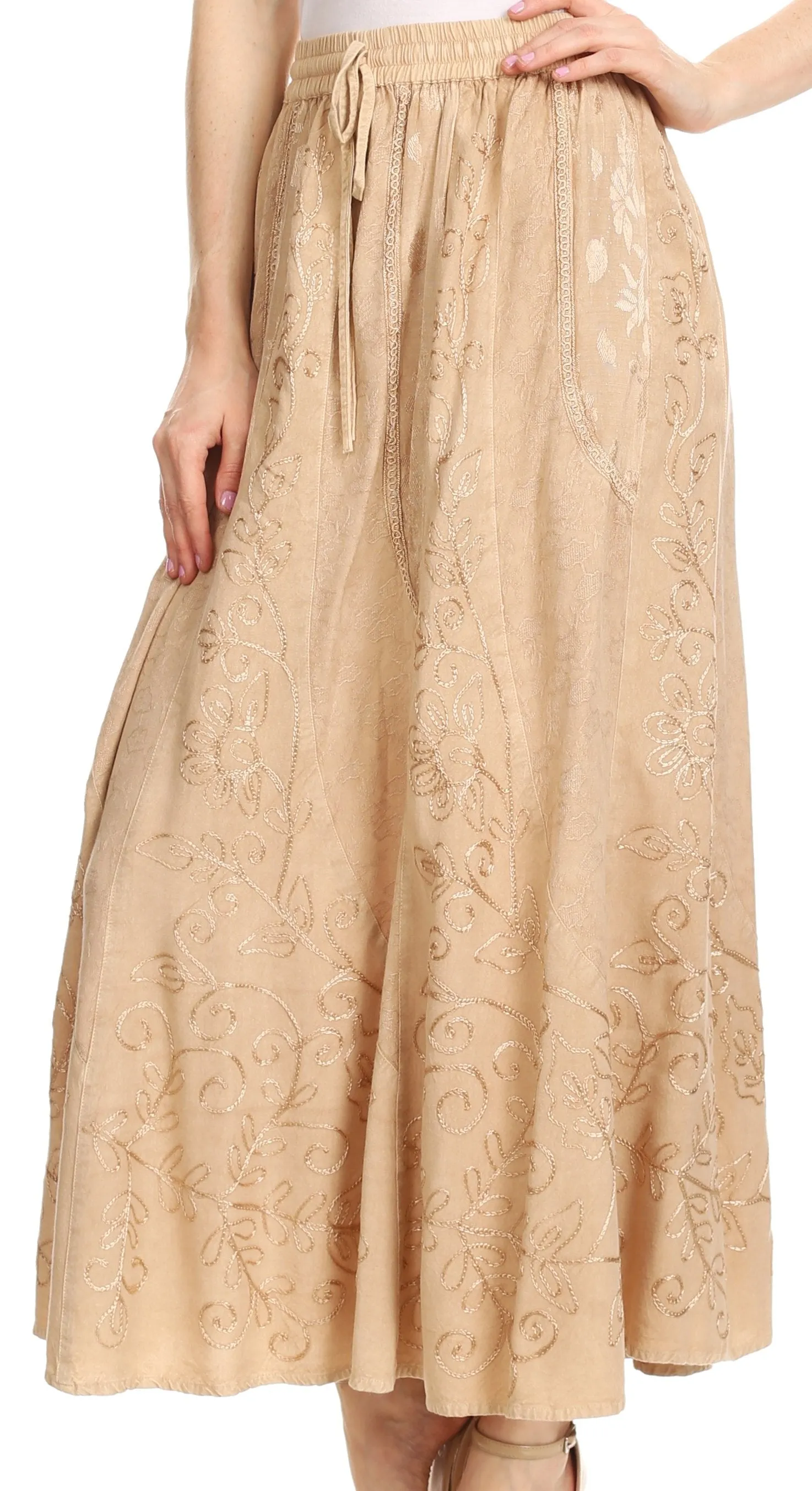 Sakkas Debora Full Length Embroidered Maxi Skirt with Adjustable Waist