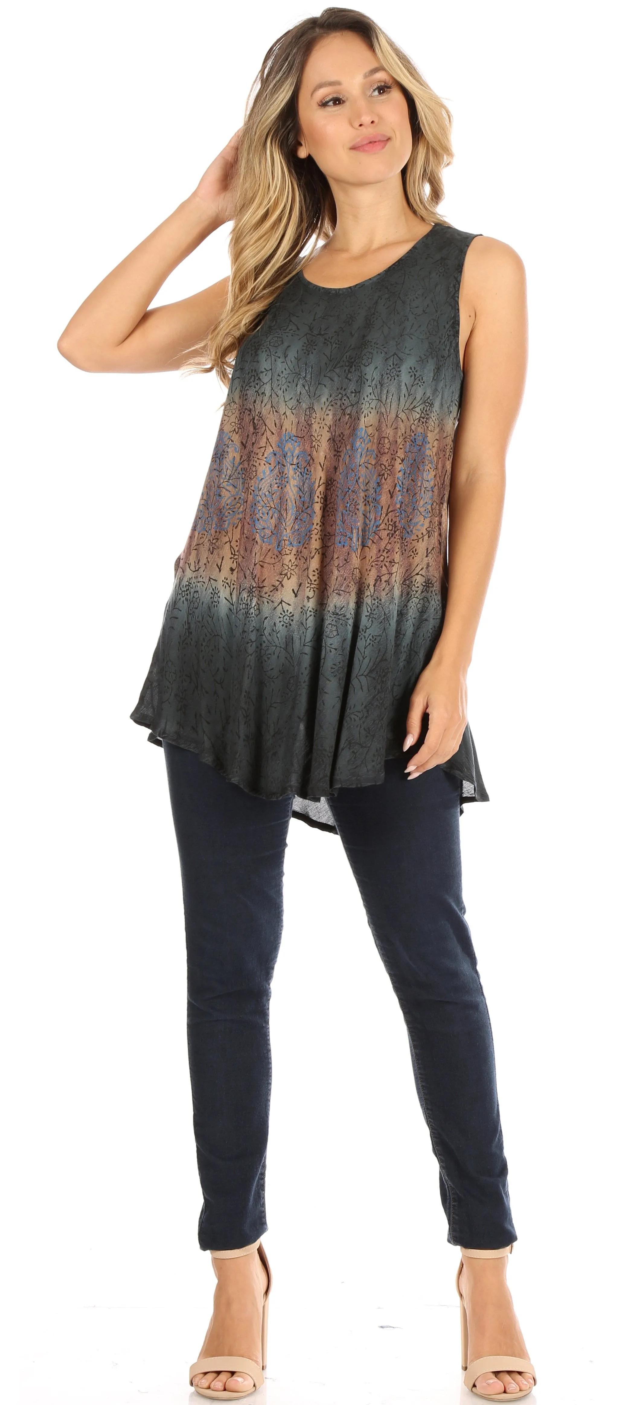 Sakkas Isabela Womens Everyday Summer Sleeveless Tank Top Tie-dye & Block Print