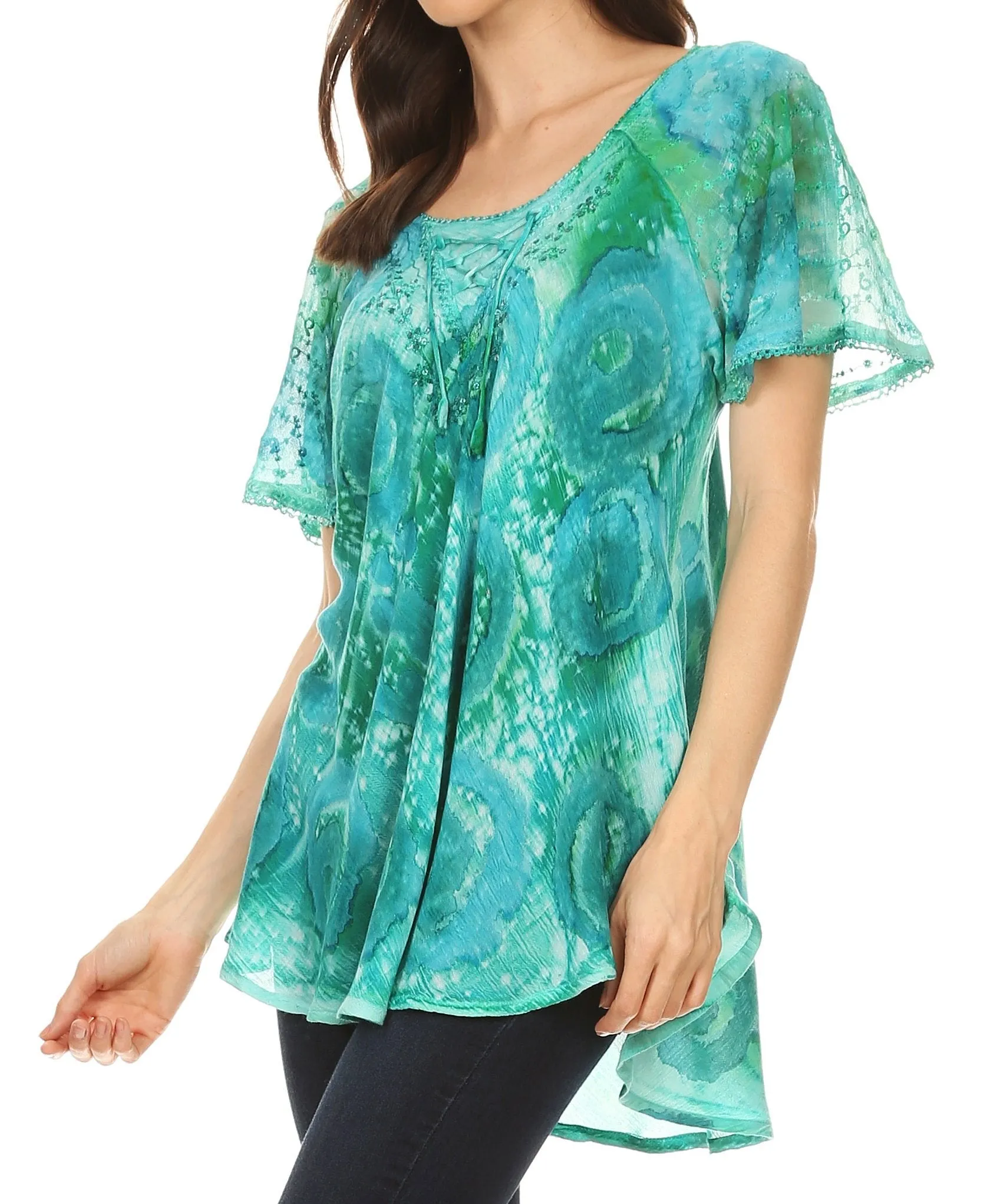 Sakkas Lena Tie-dye Short Sleeve Blouse Top with Crochet Lace and Embroidery