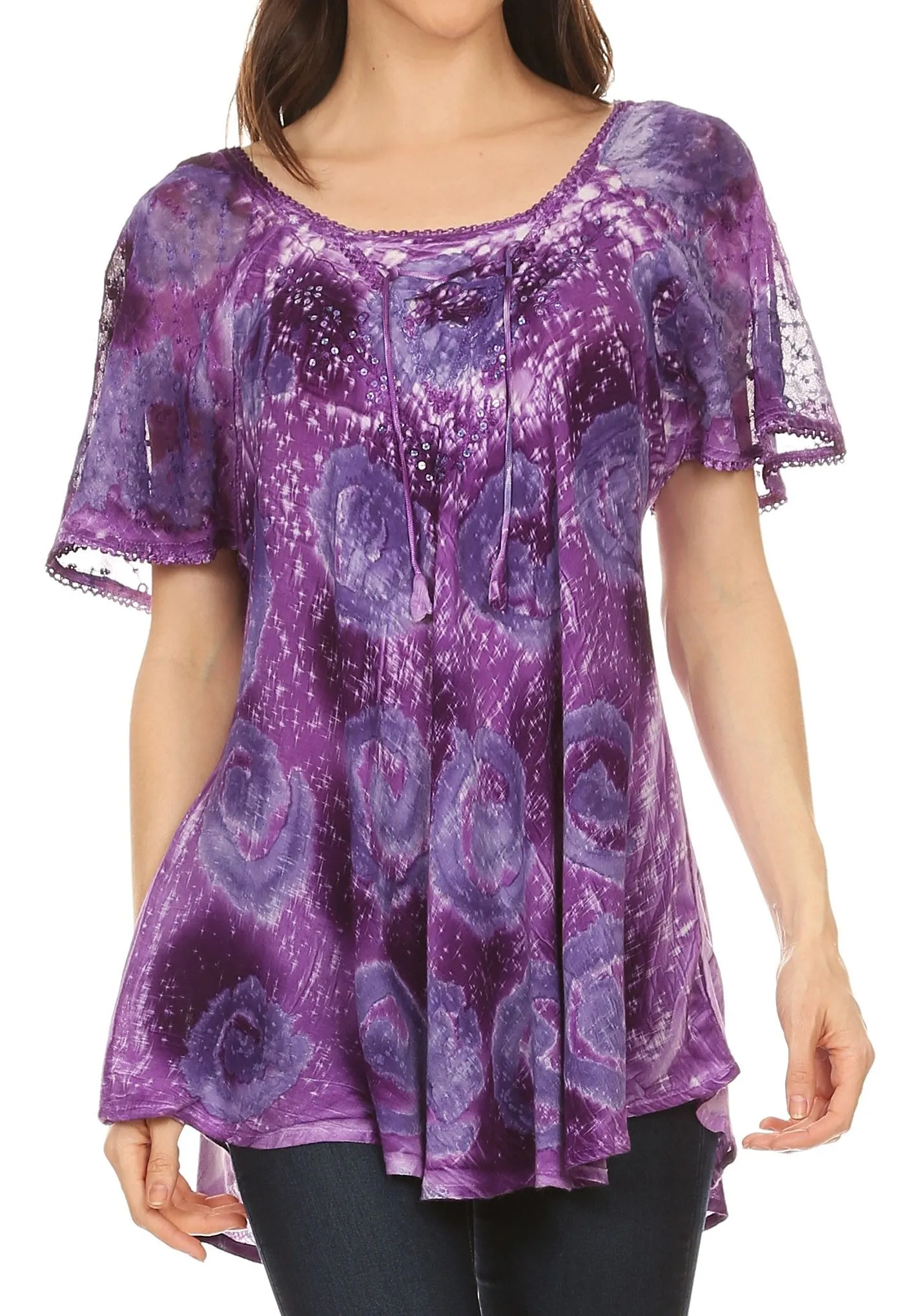 Sakkas Lena Tie-dye Short Sleeve Blouse Top with Crochet Lace and Embroidery