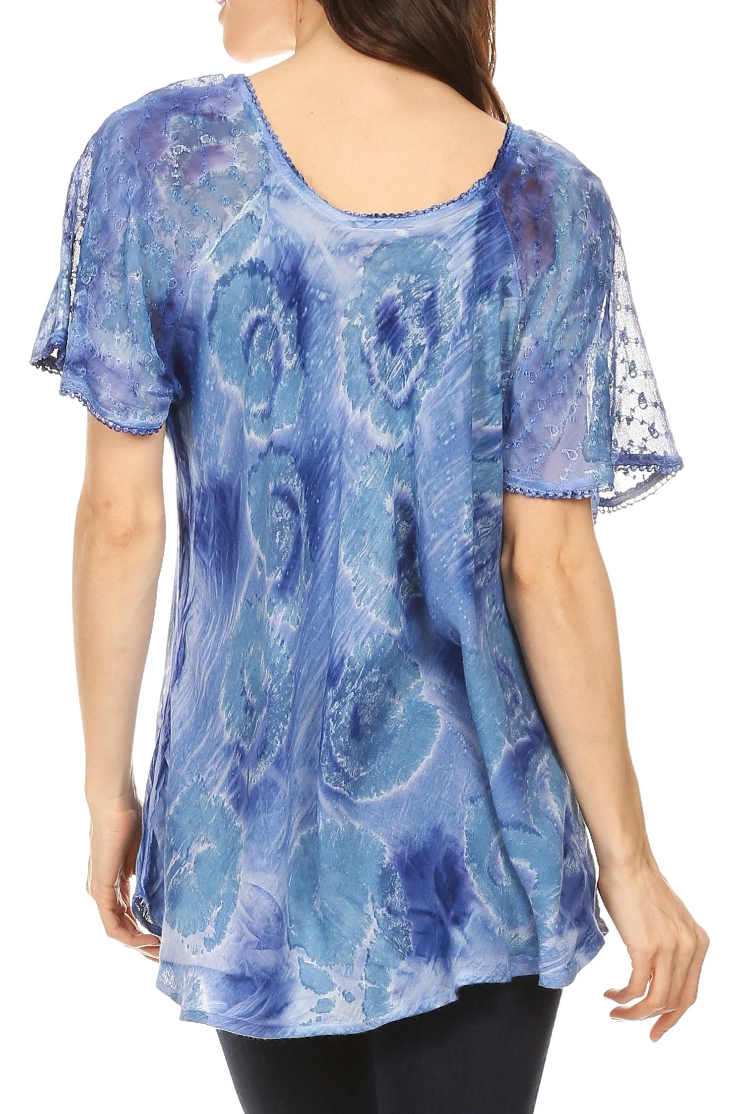 Sakkas Lena Tie-dye Short Sleeve Blouse Top with Crochet Lace and Embroidery