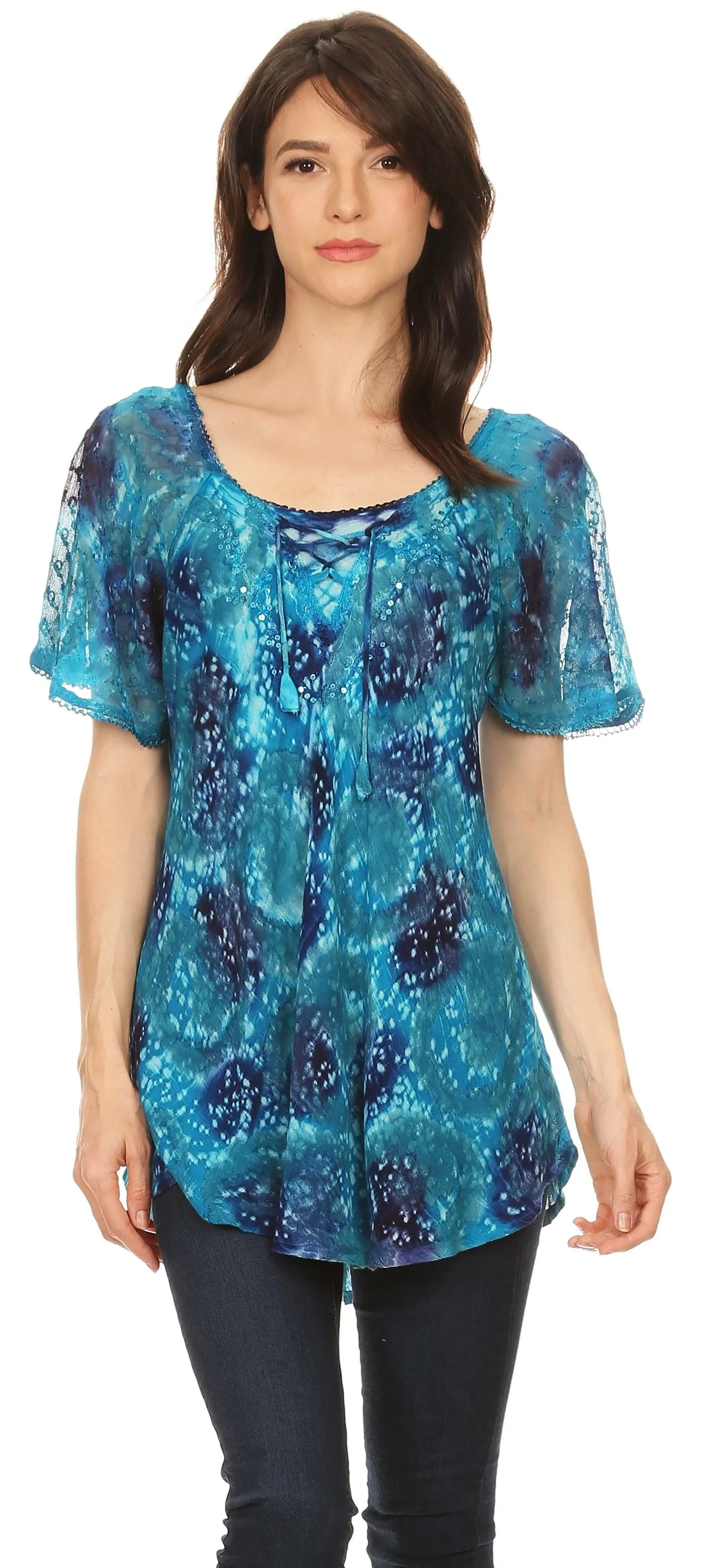 Sakkas Lena Tie-dye Short Sleeve Blouse Top with Crochet Lace and Embroidery