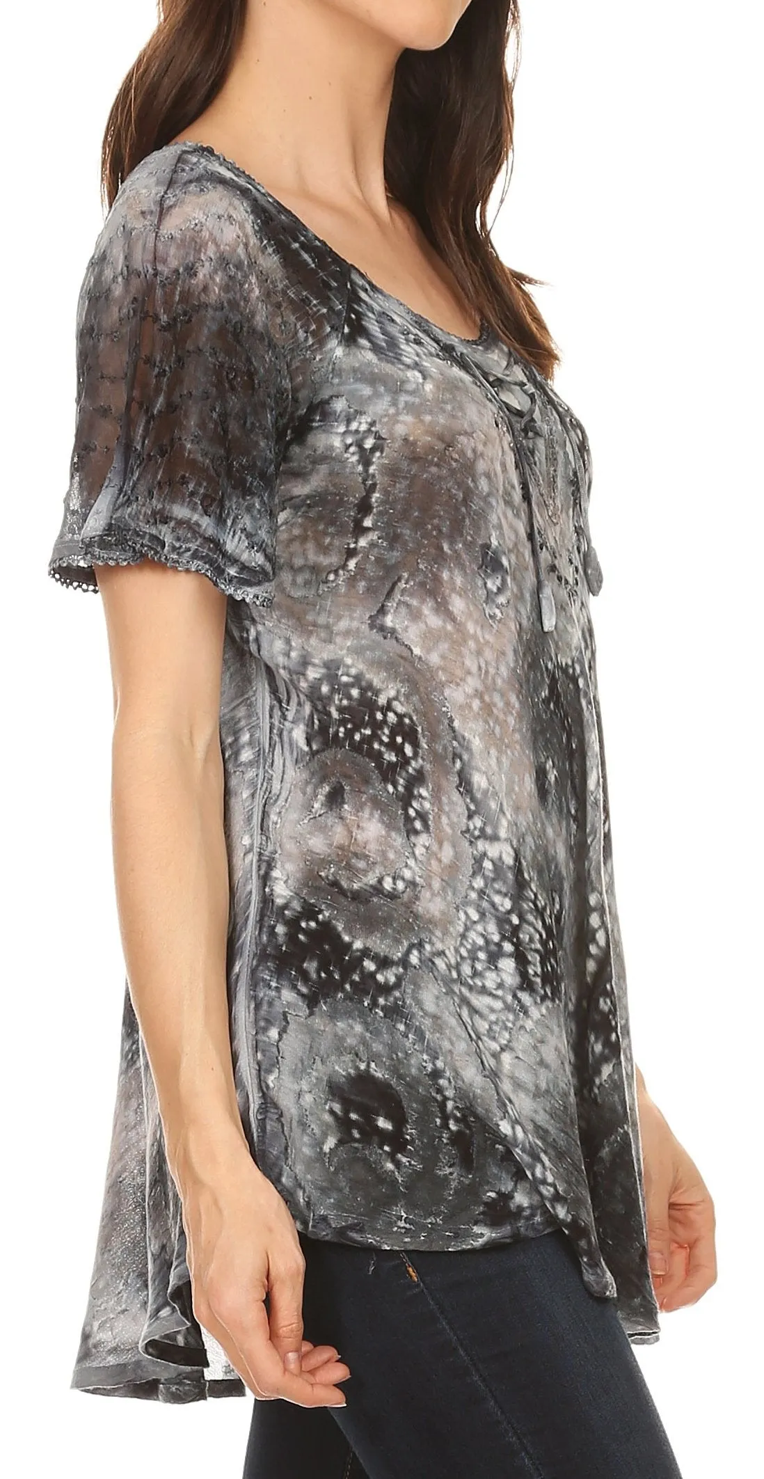 Sakkas Lena Tie-dye Short Sleeve Blouse Top with Crochet Lace and Embroidery