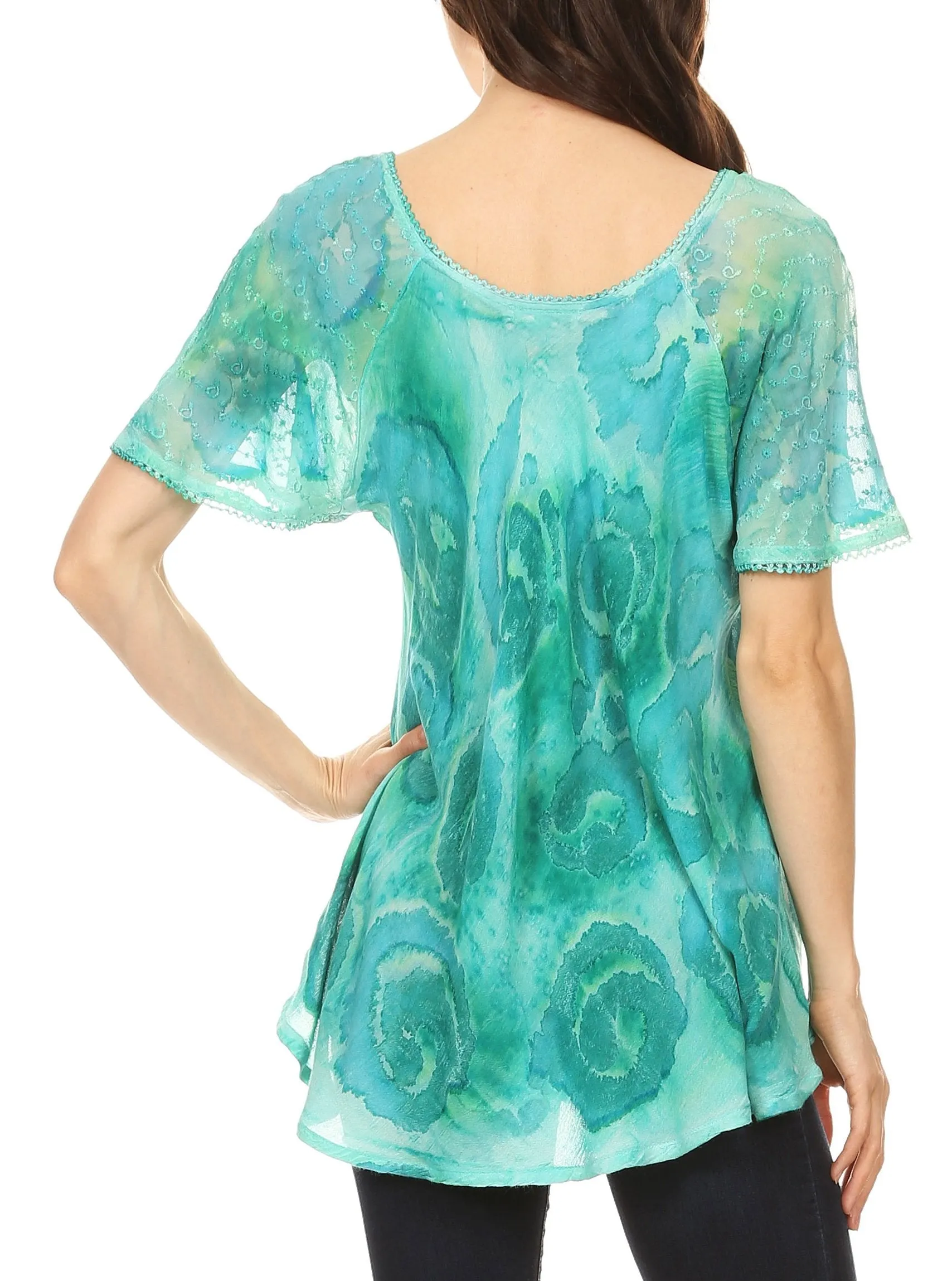 Sakkas Lena Tie-dye Short Sleeve Blouse Top with Crochet Lace and Embroidery