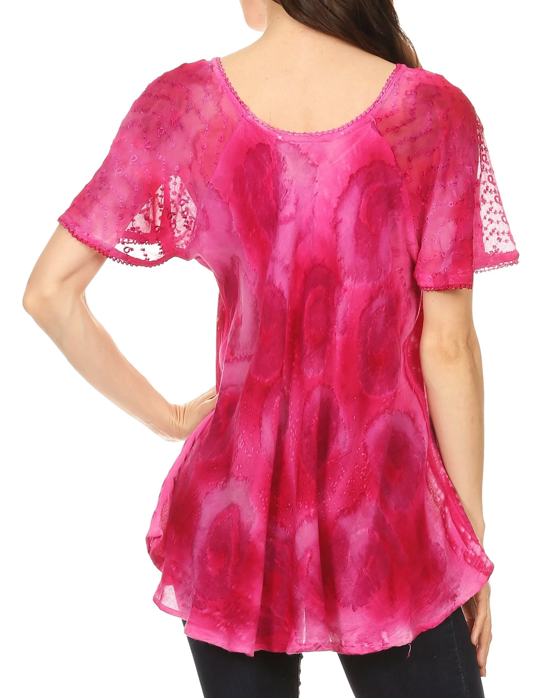 Sakkas Lena Tie-dye Short Sleeve Blouse Top with Crochet Lace and Embroidery