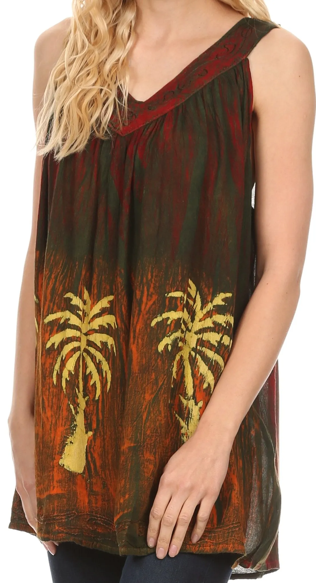 Sakkas Loonmiya Long Tall Embroidered Batik Sleeveless Tank Top Shirt Blouse Top