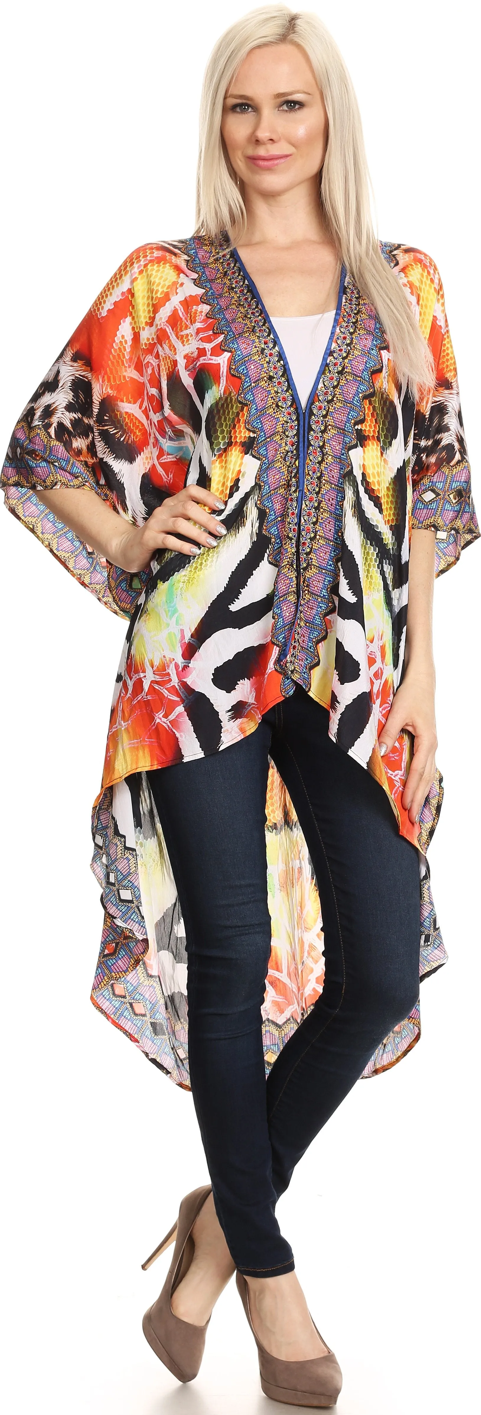 Sakkas Osiris Embellished Hi Low V-Neck Clasp Beach Cover-Up Kimono Kaftan Tunic