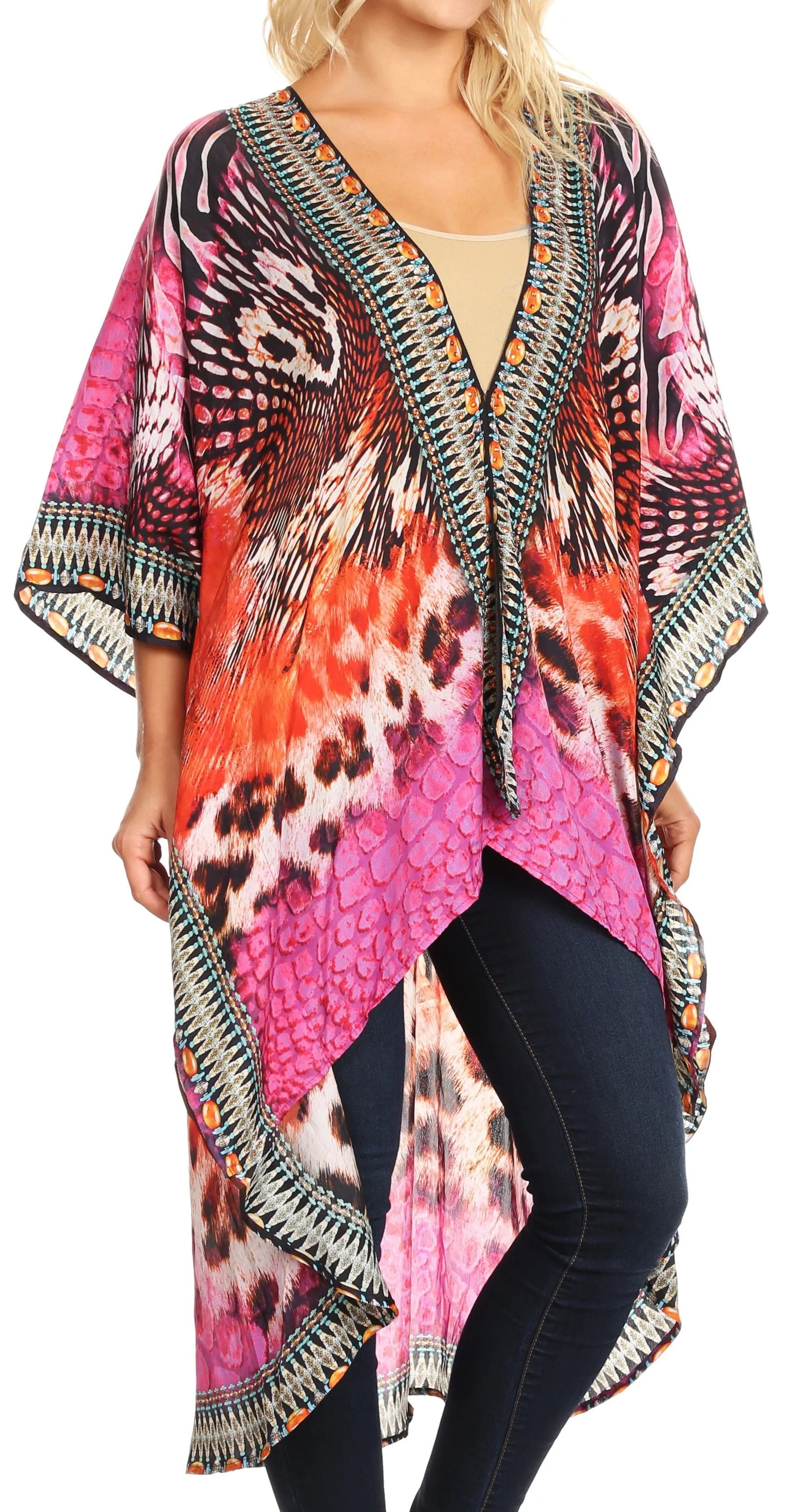 Sakkas Osiris Embellished Hi Low V-Neck Clasp Beach Cover-Up Kimono Kaftan Tunic