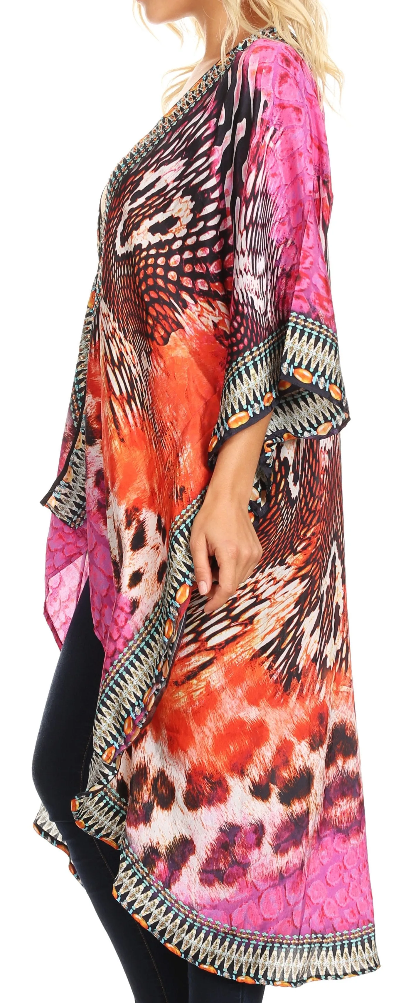 Sakkas Osiris Embellished Hi Low V-Neck Clasp Beach Cover-Up Kimono Kaftan Tunic