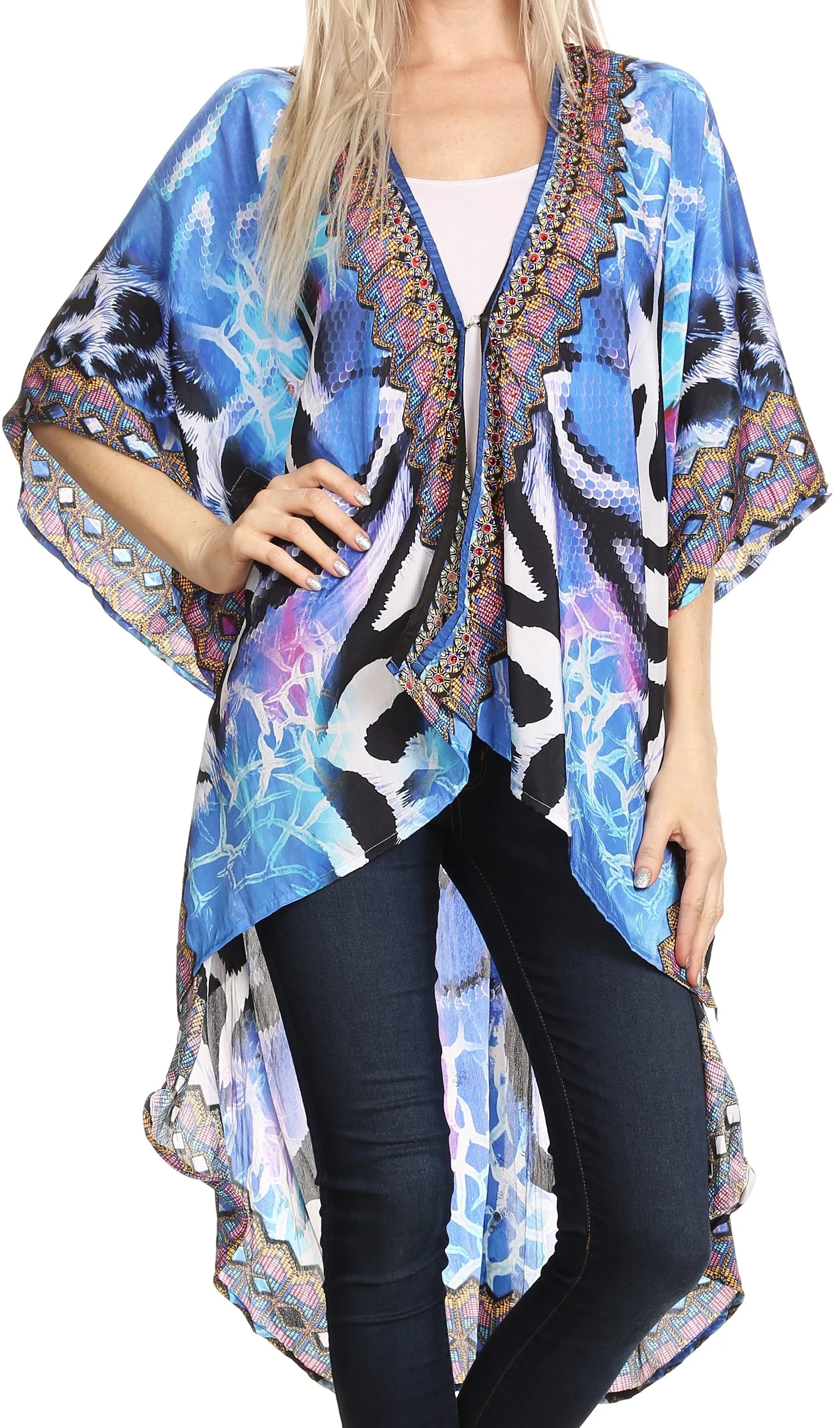 Sakkas Osiris Embellished Hi Low V-Neck Clasp Beach Cover-Up Kimono Kaftan Tunic