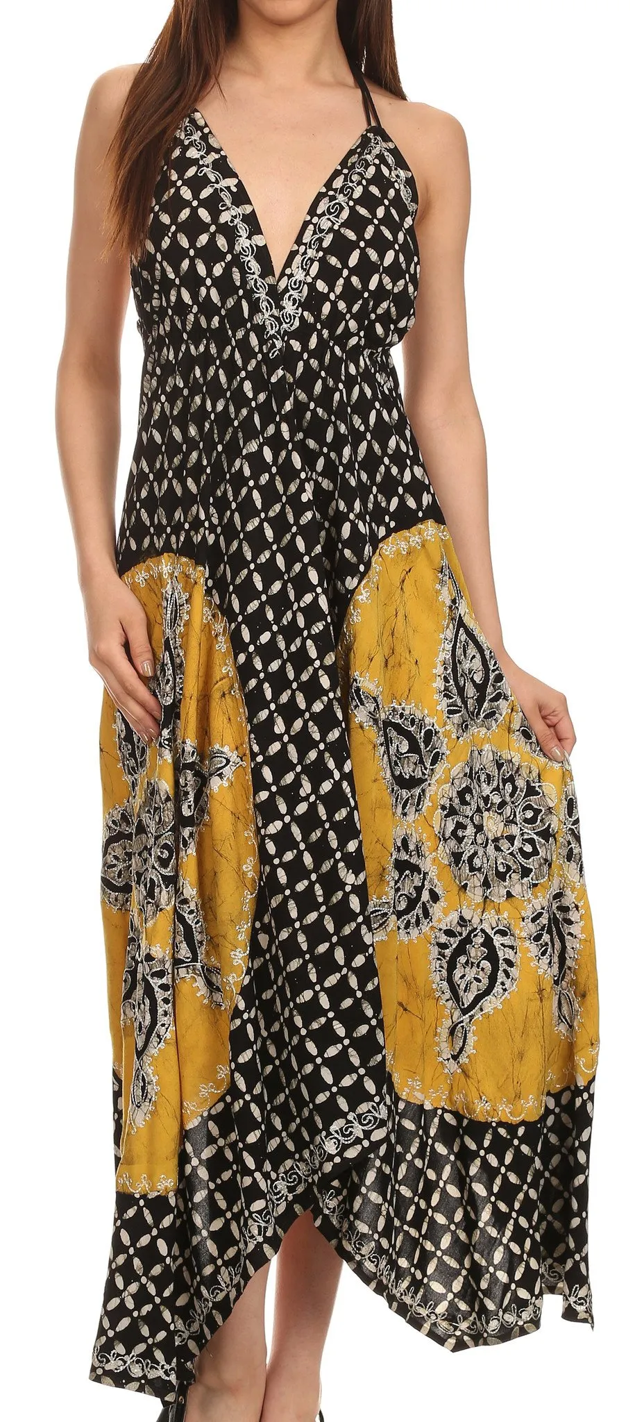 Sakkas Shana Batik Embroidered Handkerchief Hem Adjustable Halter Dress