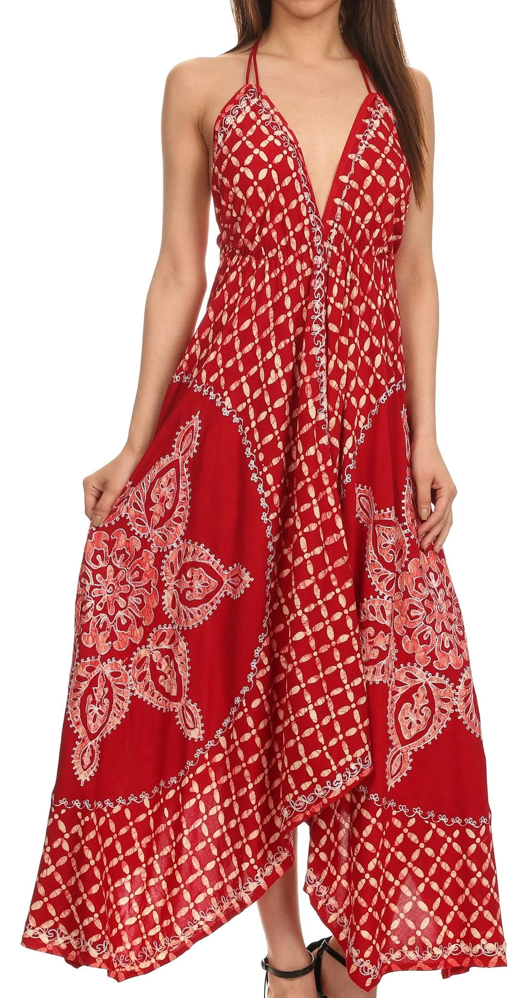 Sakkas Shana Batik Embroidered Handkerchief Hem Adjustable Halter Dress