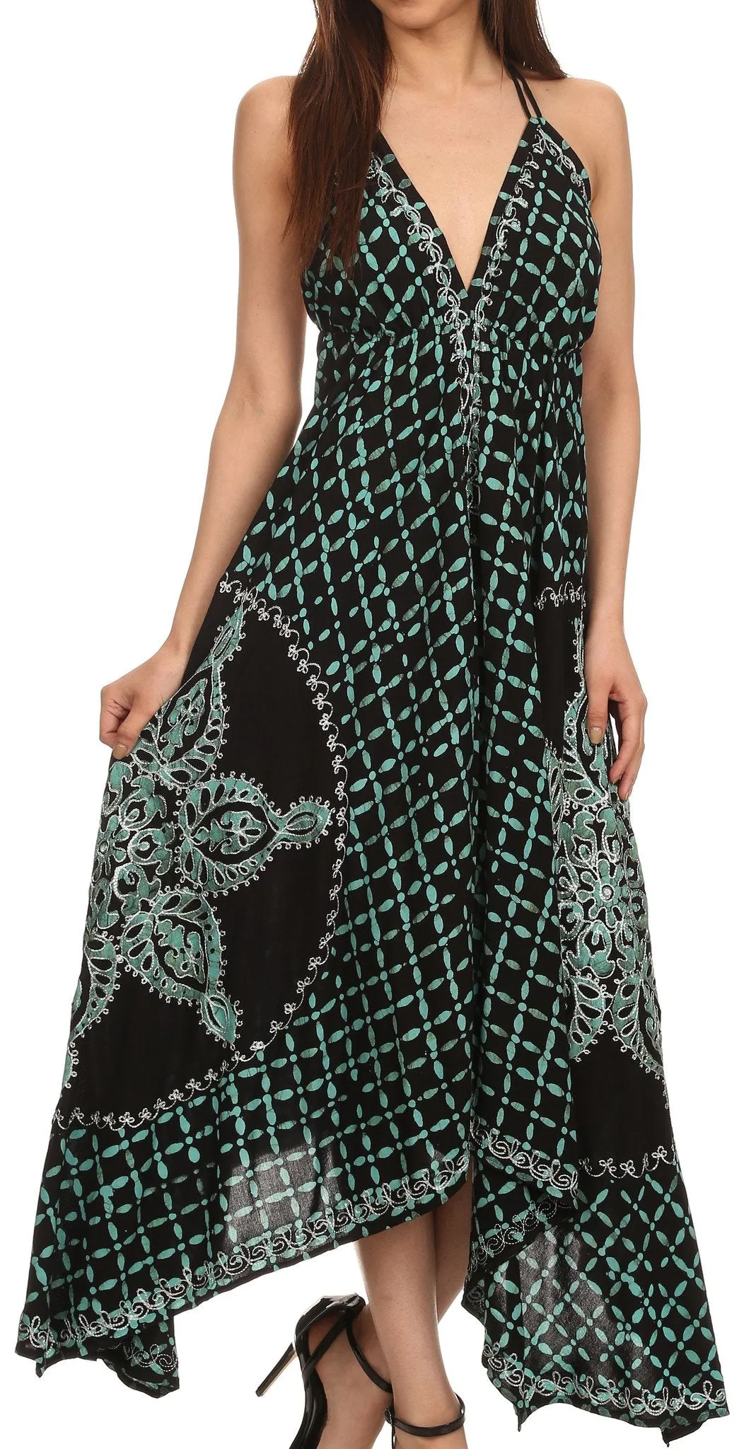 Sakkas Shana Batik Embroidered Handkerchief Hem Adjustable Halter Dress