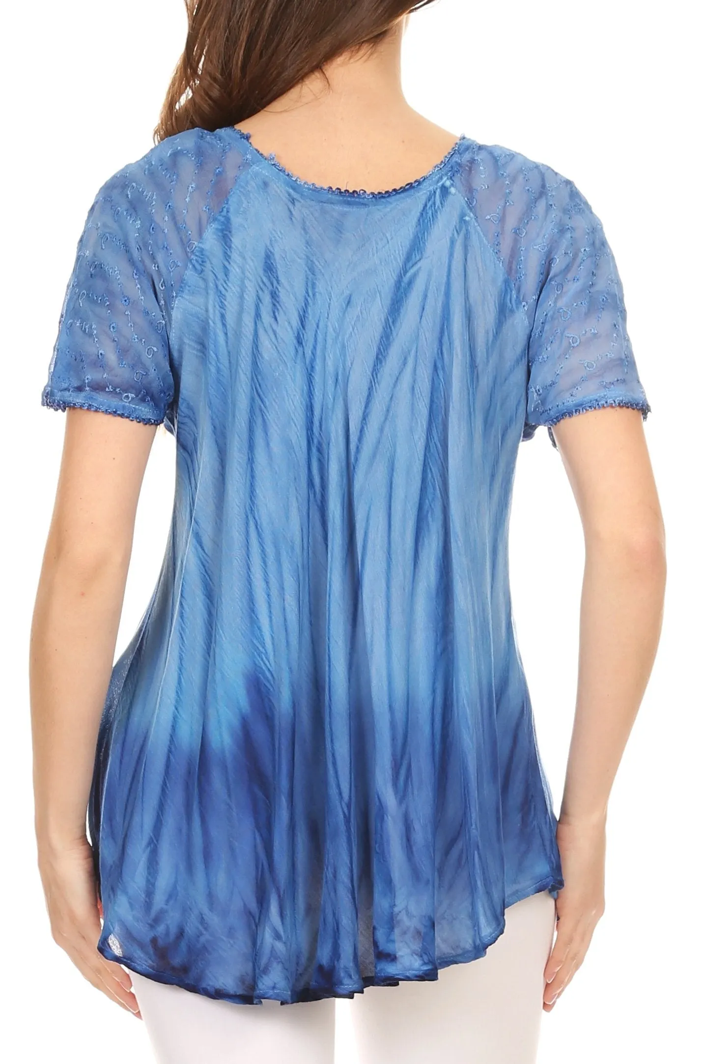 Sakkas Siri Ombre Tie Dye Embroidered Sheer Cap Sleeve Relaxed Fit Tunic Top