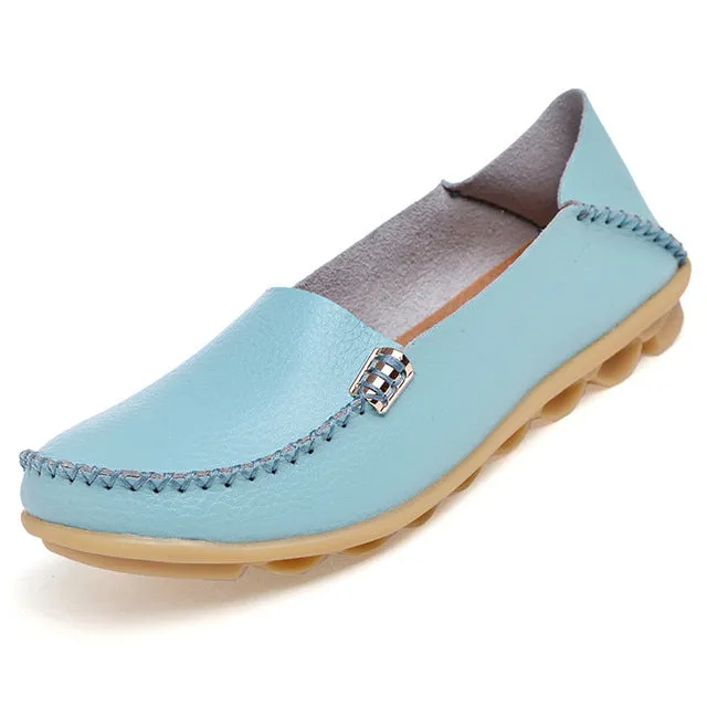 Summer Candy Colors Genuine Leather Women Casual Shoes 2017 Fashion Breathable Slip-on Peas Massage Flat Shoes Plus Size 35-44