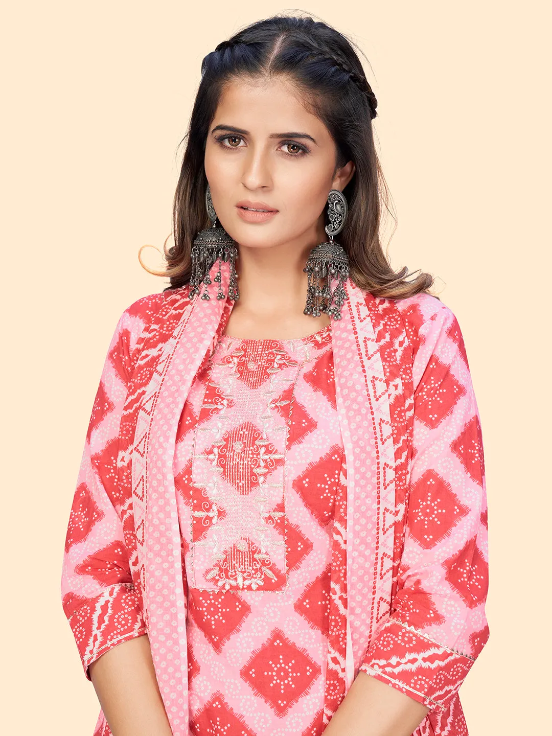 Women'S Bandhani Print & Embroiderd Straight Cotton Pink Stitched Kurta Pant With Dupatta