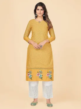 Women'S Chikankari & Embroidered Straight Cotton Yellow Stitched Kurta