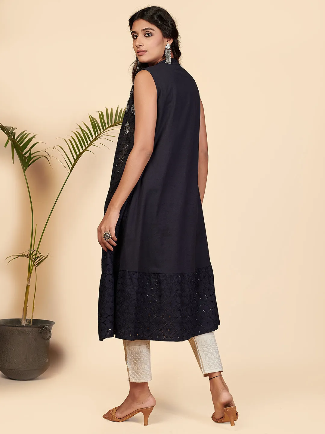 Women'S Embellished Flare Rayon Blue Stitched Kurta With Shrug