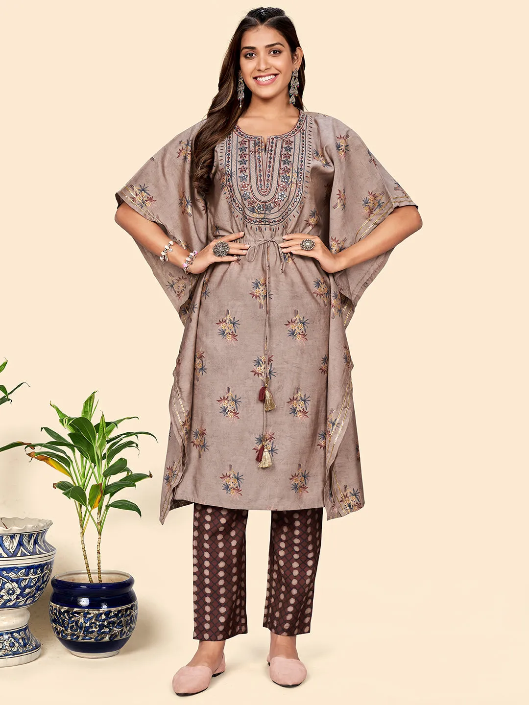 Women'S Embroidered & Mirror  Muslin Light Brown Stitched Kaftan Kurta With Pant Set